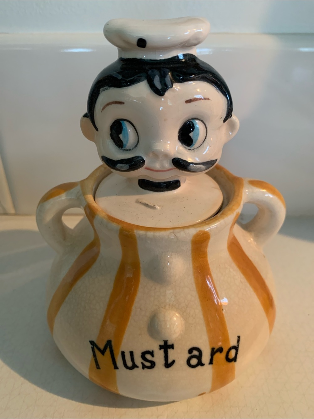 Mustard Chef Jam Jar.  50’s Kitchen Decor Cottagecor 5.50” X 4” Great Condition